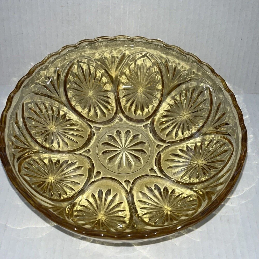 Depression Glass Amber Gold Serving Bowl Sunburst Scalloped Vintage Top 8